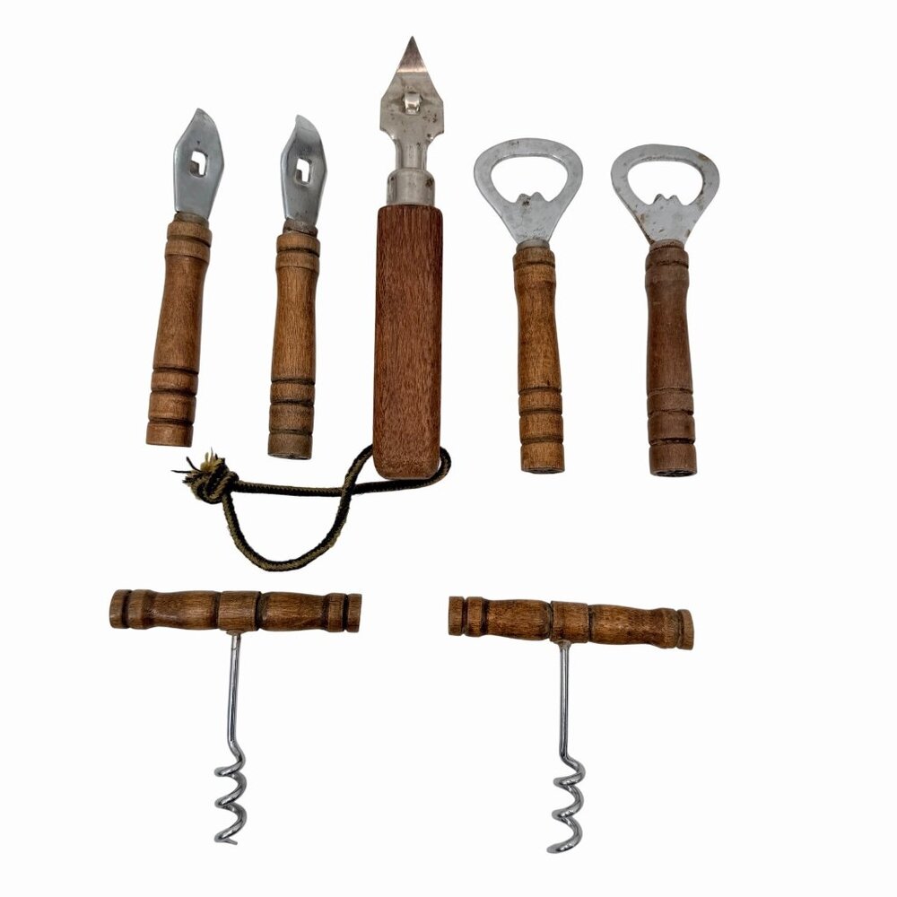 VINTAGE LOT OF 7 WOOD HANDLE BOTTLE OPENERS CORKSCREWS EDLUND CO BURLINGTON